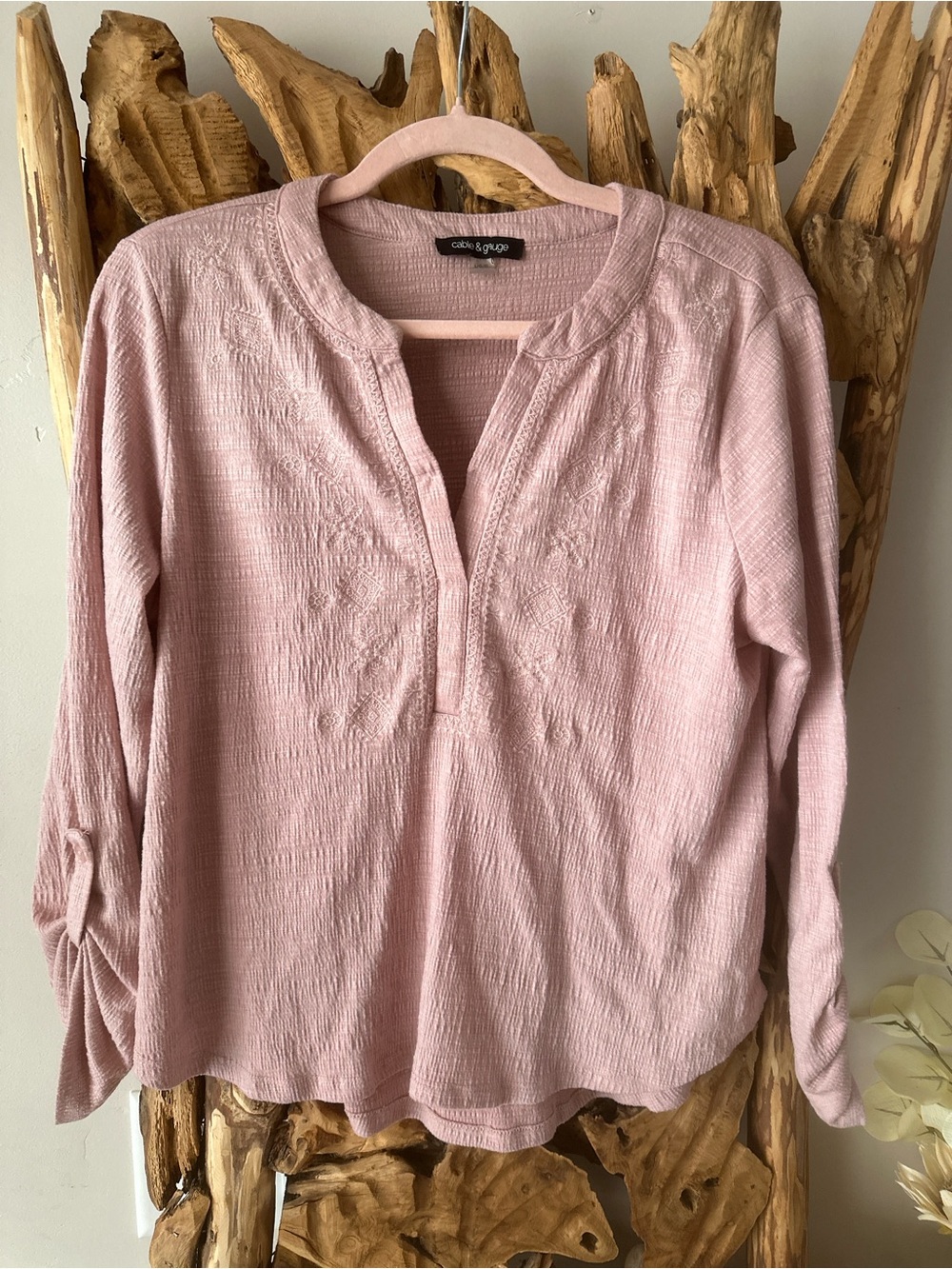 Cable & Gauge Blush Pink Embroidered Split-Neck Tunic